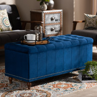 Baxton Studio BBT3137-Navy Velvet/Walnut-Otto Kaylee Modern and Contemporary Navy Blue Velvet Fabric Upholstered Button-Tufted Storage Ottoman Bench